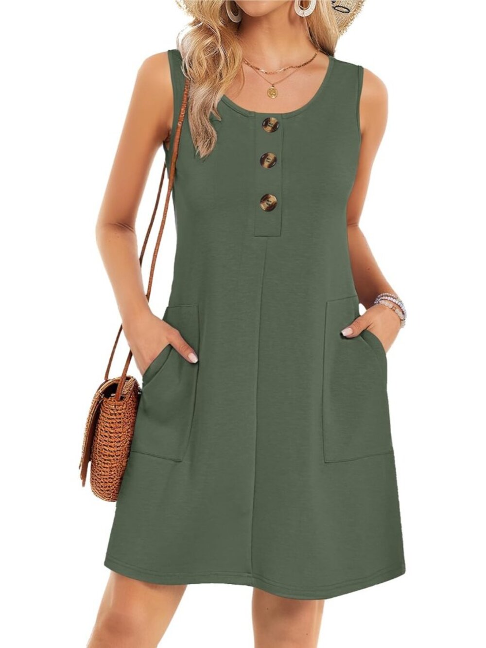 Women's Green Summer Dress Sleeveless Casual Crewneck Beach Cover Up Mini Dress
